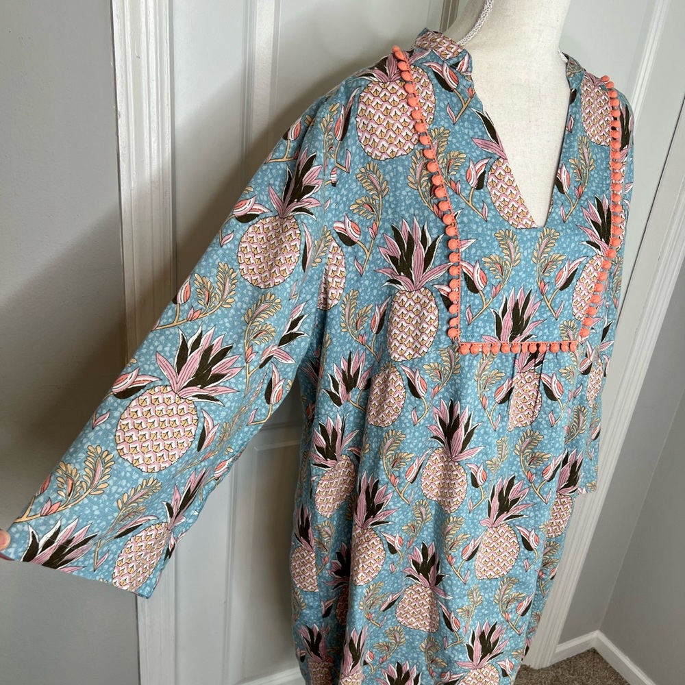 Boden Light Blue Pink Pineapple Print Evangeline Linen Tunic Dress 16 Long Tall - Picture 4 of 9